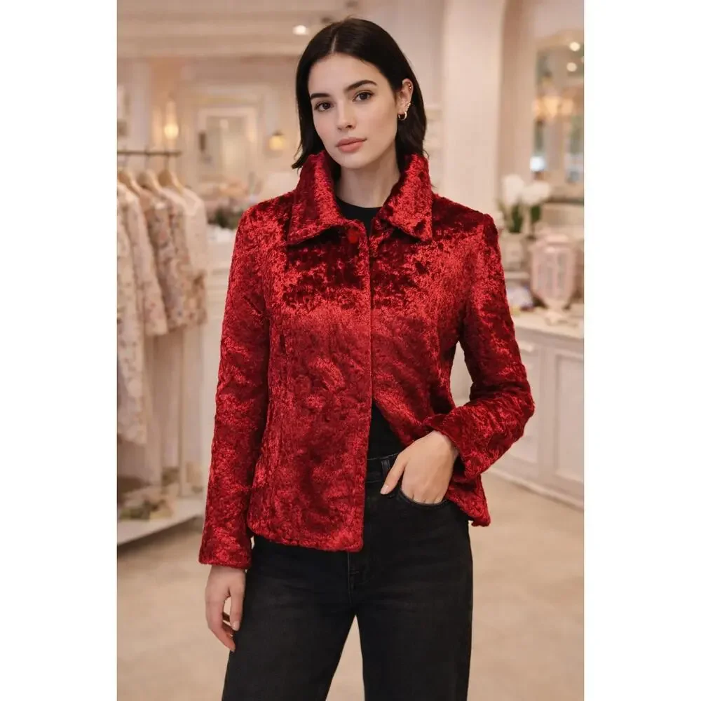European Boutique Cherry Red Plush Velvet Blazer EU 42 - Picture 6 of 14